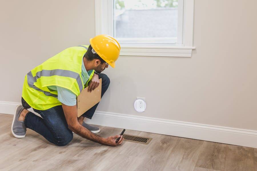 Technician inspecting a home heating vent and ductwork